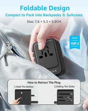 Universal Travel Adapter, International Travel Plug Adapter with 2 USB-C(PD 20W) ＆ 1 USB-A Ports, All in One Portable Adaptor, for USA, UK, EU, AU ＆ 224+ Countries (Black)