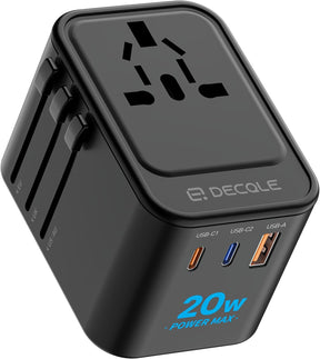 Universal Travel Adapter, International Travel Plug Adapter with 2 USB-C(PD 20W) ＆ 1 USB-A Ports, All in One Portable Adaptor, for USA, UK, EU, AU ＆ 224+ Countries (Black)